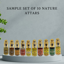 Sample Set of 10 Natural Attars (Chandan/Sandalwood Kasturi Oudh Gulab Mogra Ruh Khus Musk Heena Kesar Chandan Har Shringar Nag Champa) 3ml x 10 Pieces Combo Pack