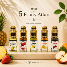 Fruity Attar Gift Set for Men & Women – Pineapple, Strawberry, Lemon, Orange & Apple Perfume Oil Collection | 100% Alcohol-Free | Long-Lasting Fresh Fruity Fragrance | 3ml x 5 Roll-On Combo Pack
