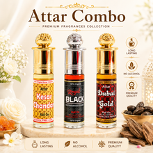 Best 3 in 1 Attar Gift Set for Men & Women – Premium Kesar Chandan, Royal Black & Dubai Gold 6ml Perfume Oil Combo | 100% Alcohol-Free | 24 Hours Long-Lasting Fragrance