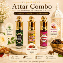 Traditional Attar Gift Set for Men & Women – Ruh Khus, Shamama Tul Amber & Kesar Chandan Perfume Oil Collection | 100% Alcohol-Free | Long-Lasting Fragrance | 6ml x 3 Roll-On Combo Pack