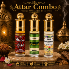 Dubai Series 3 in 1 Attar Gift Set for Men & Women – Premium Dubai Gold, Dana & Fawakeh 786 6ml Perfume Oil Combo | 100% Alcohol-Free | 24 Hours Long-Lasting Fragrance