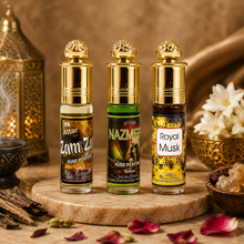 Musky 3 in 1 Attar Gift Set for Men & Women – Premium Royal Musk, Nazmeen & Musk Safi 6ml Perfume Oil Combo | 100% Alcohol-Free | 24 Hours Long-Lasting Fragrance
