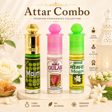 Traditional Attar Gift Set for Men & Women – Majmua 786, Gulab & Kachha Mogra Perfume Oil Collection | 100% Alcohol-Free | Long-Lasting Fragrance | 6ml x 3 Roll-On Combo Pack