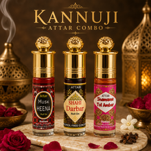 Kannuji 3 in 1 Attar Gift Set for Men & Women – Premium Musk Heena, Shahi Darbar & Shamama Amber 6ml Perfume Oil Combo | 100% Alcohol-Free | 24 Hours Long-Lasting Fragrance