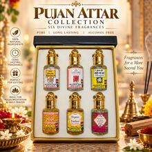 Pujan Attar Combo – 6-Piece Premium Ittar Gift Set for Pooja & Religious Use | White Sandal, Asli Gulab, Kachha Mogra, Kesar Chandan, Shyam Darbar & Swarnaa Kamal | Alcohol-Free Perfume Oils | 6 x 12ml Roll-On | 72ml Pack