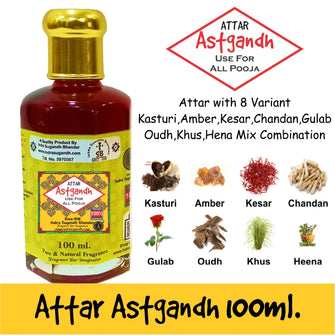 Ashtagandha with 8 Variant Combination Kasturi, Amber, Kesar, Chandan, Gulab, Oudh, Hina Mix 100ml With Rollon  Pack