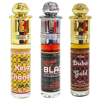 KESAR CHANDAN, ROYAL BLACK & DUBAI GOLD 6ml Rollon 3 Pc. Combo Pack
