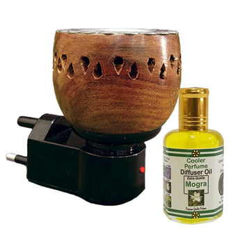 Wooden Electric Camphor Diffuser for Home Fragrance With One 25ml Diffuser Oil Bottle Inside, Machine Incense Holder, Oil Burner, Kapoor Dani, Brown, Medium, 3 pin Plug